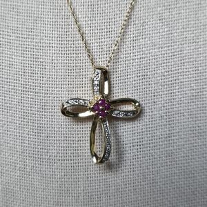 JJT 925 Sterling Silver Gold Vermile Cross Pendant Diamond Chip & Ruby Flower